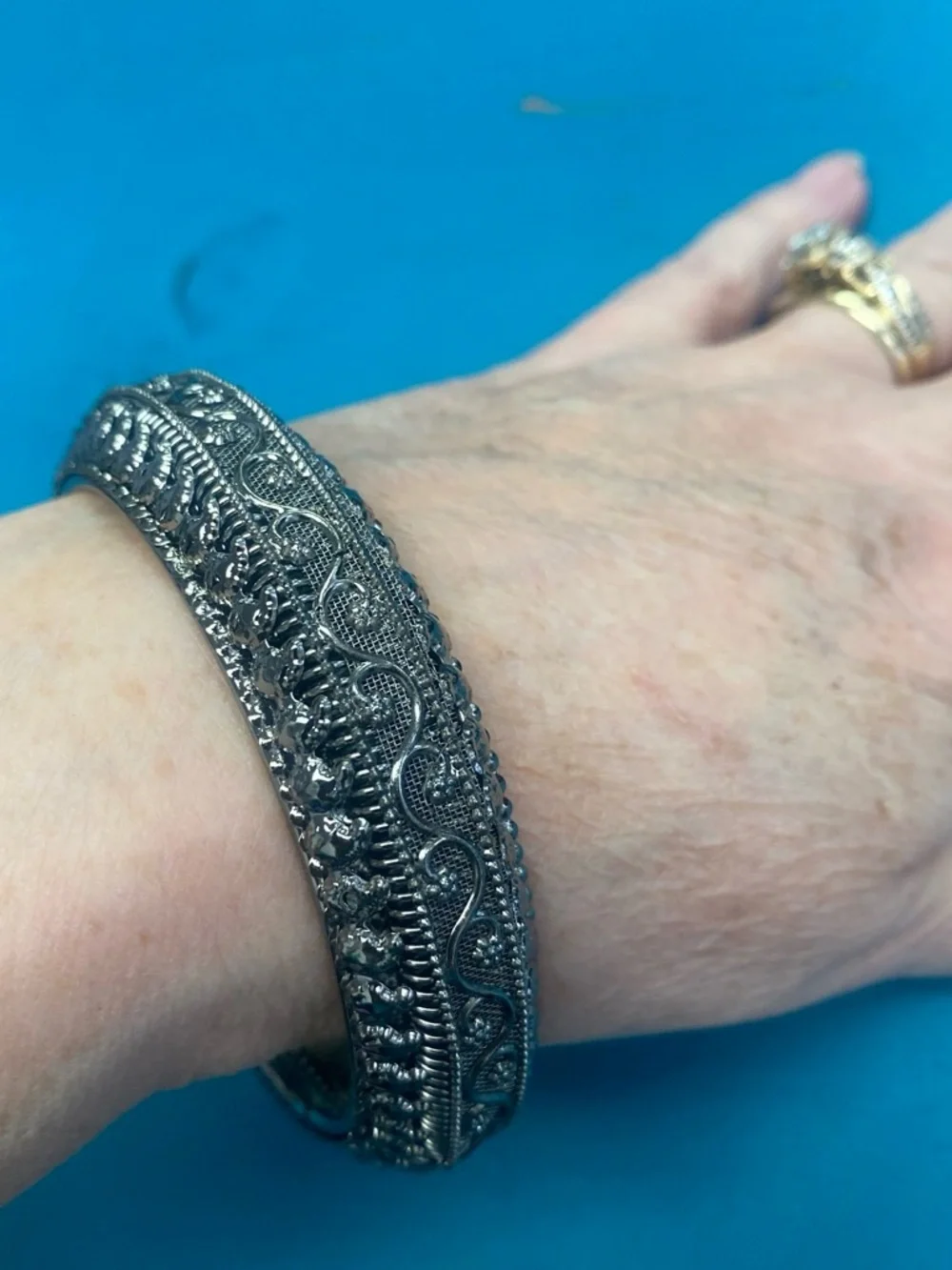 Intricate Filigree Silver-Tone Bangle Bracelet